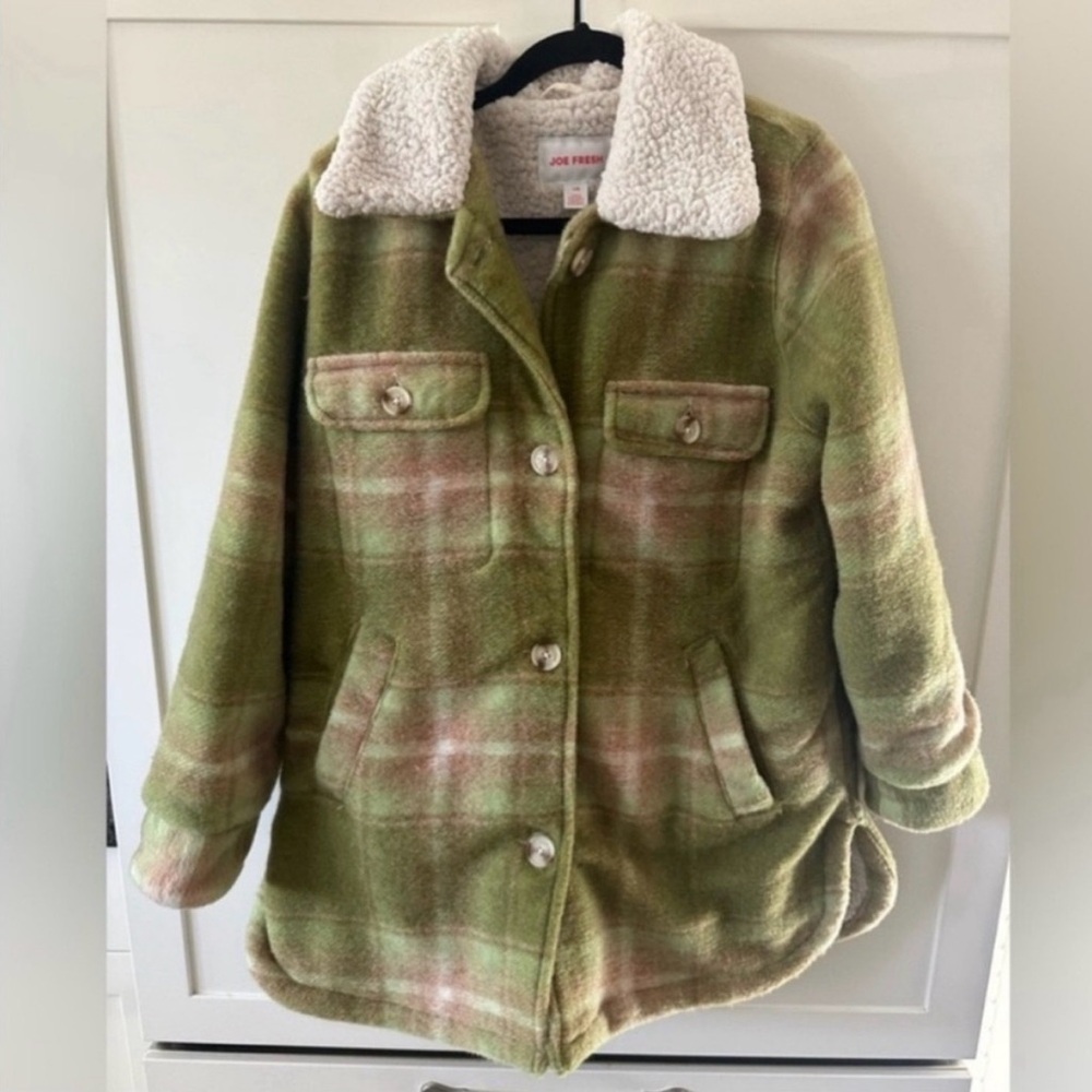 Joe Fresh - green plaid coat with sherpa collar